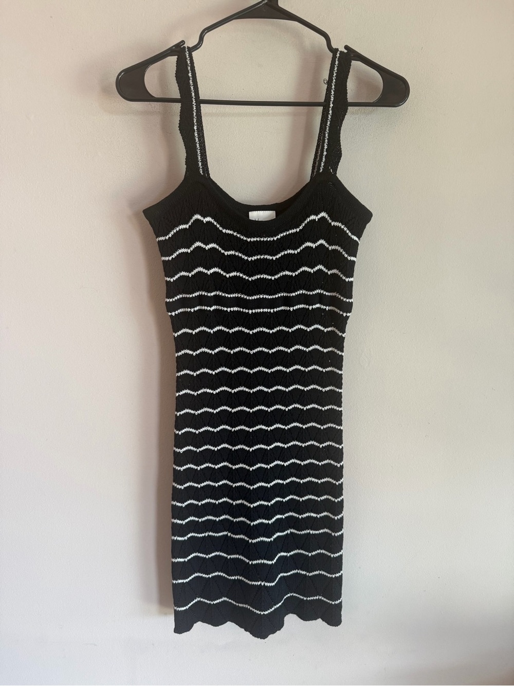 Hensy Black White Wavy Stripe Pointelle Knit Bodycon Mini Dress Small